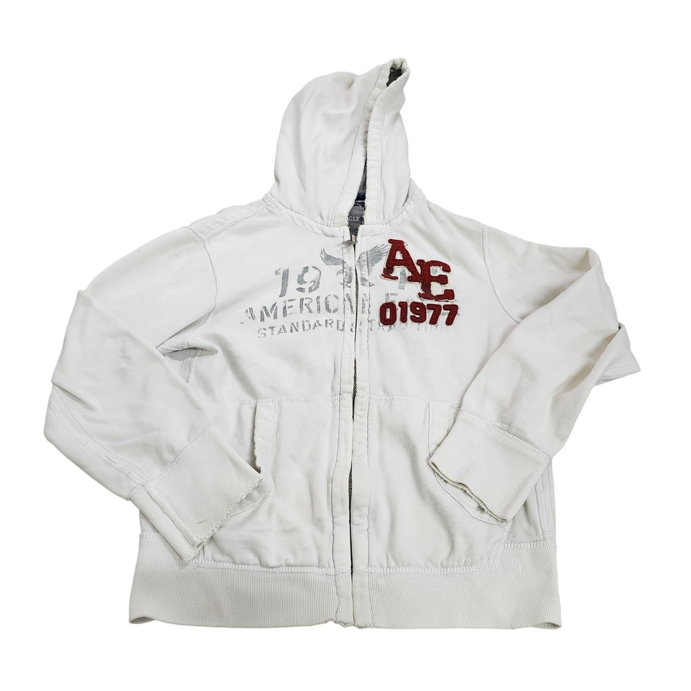 American Eagle Hoodie Mens L Athletic Fit White Graphic Full Zip EUC